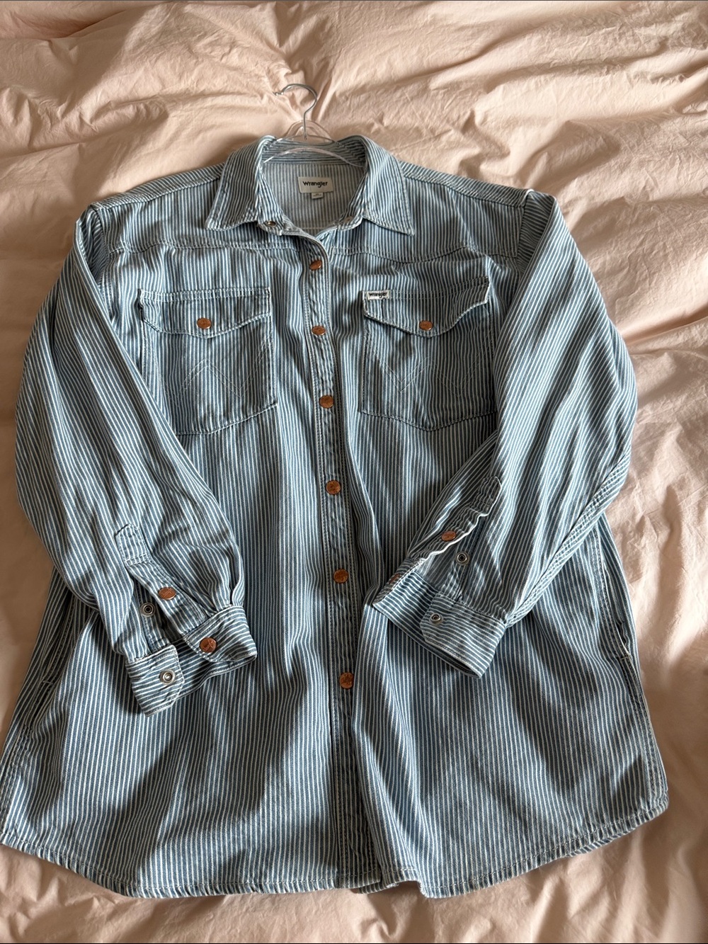 Wrangler Light Blue Pinstripe Casual Button-Down Shirt